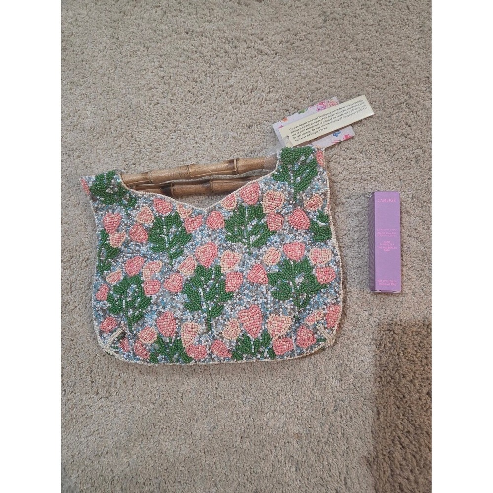 Unbranded Floral Beaded Clutch Women Small Pink Green Bamboo Handle NWT